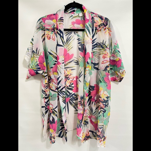 Kimono by Kaktus pink white NWOT, white floral print sz L.  Over up, Robe. - Picture 1 of 14